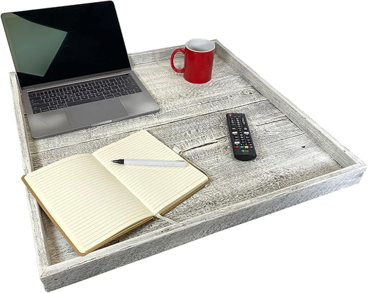 Wooden Ottoman Tray with Felt Pad – Decorative Couch Serving Tray Made with Real Rustic Reclaimed Wood - Perfect for Living Room Ottomans, Sofas, & Coffee Tables -24" x 24"- White Wash