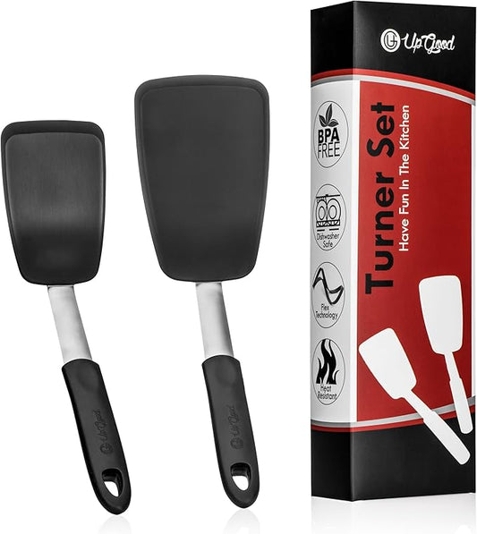 UpGood 2 Pack Flexible Silicone Spatula Turner Set, Non-Stick 600F Heat Resistant, Perfect for Flipping Crepes, Burgers, Eggs and Many More Cooking Tasks, ( 1 Small, 1 Large, Black )