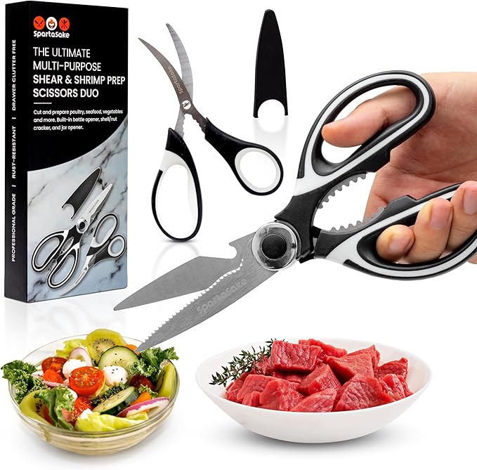 SpartaSake 2-Pack Premium Stainless Steel All Purpose Kitchen Shears with Sleeve - Heavy Duty Ultra Sharp kitchen Scissors for Food-Multipurpose Food Scissors for Meat Poultry Vegetable (Black-White)