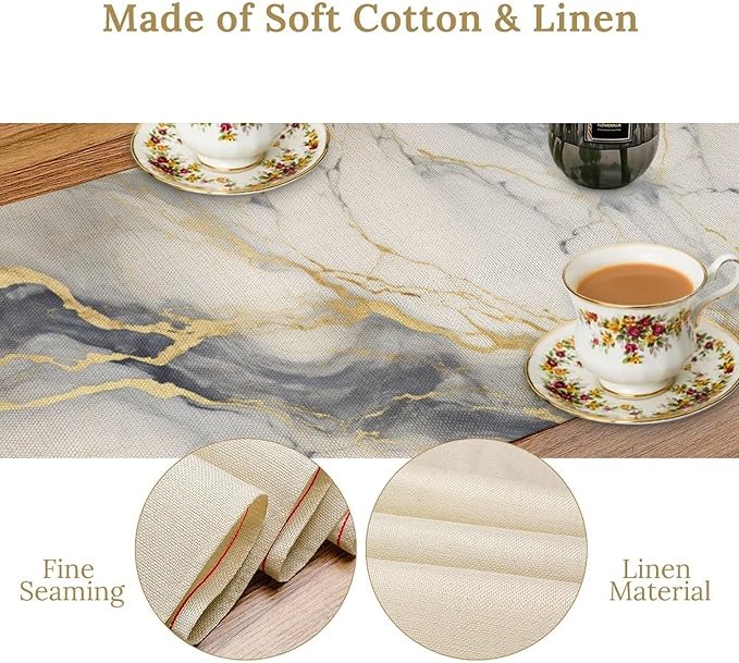 Marble Table Runner, Abstract White Grey and Gold Modern Luxury Texture Printed Linen Table Runners for Living Room Kitchen Dining Room Party Holiday Home Decor 13" W x 60" L
