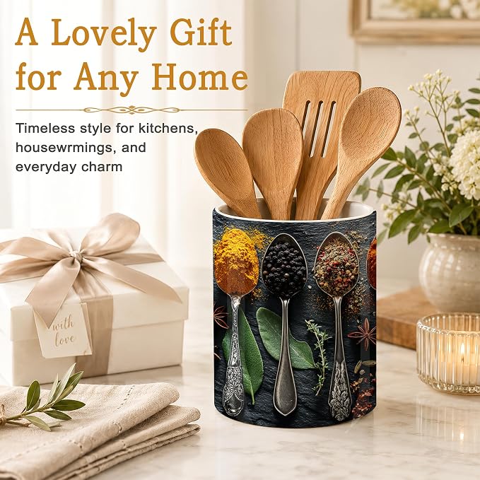 Ceramic Kitchen Utensil Holder for Countertop,Cooking Herbs Spices Large Utensil Crock for Kitchen Counter,Cooking Utensil Organizer for Spatulas,Spoons