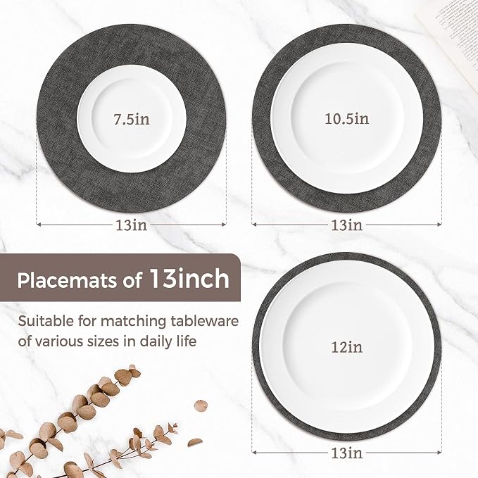 13"Round Placemats Set of 4, Reversible Faux Leather Heat Resistant Table Mats, 100% Waterproof Oilproof Wipeable Table Protective Placemats for Vinyl, Washable for Indoor & Outdoor Use (4, Deep Gray)