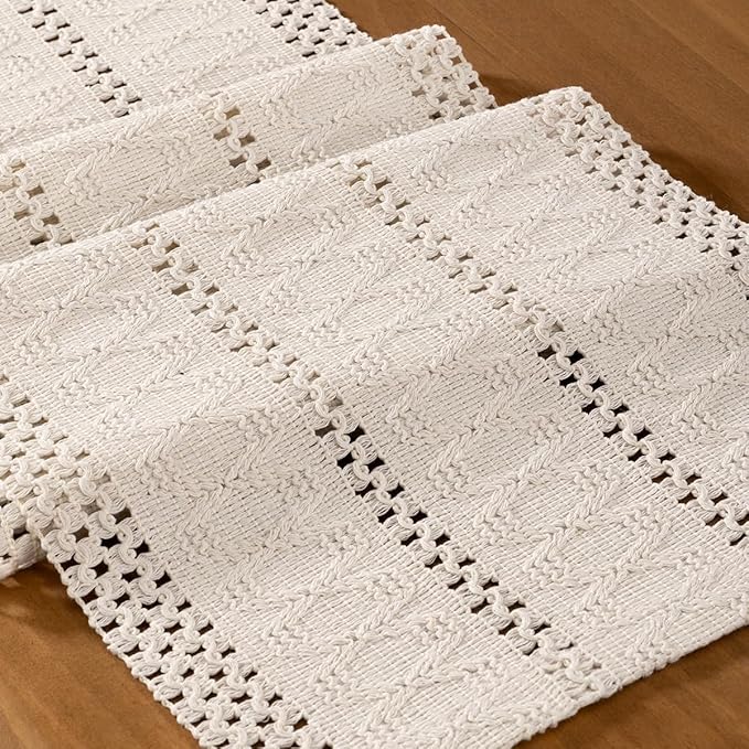 MLMC Ivory Boho Table Runner Farmhouse Macrame Woven Table Runner 48 inch Long Rustic Cotton Linen Blend Table Decor for Dinning Kitchen Wedding Bridal Shower Eveyrday Use 12x48 Inch