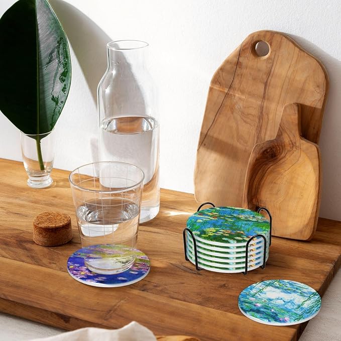 Monet Water Lilies Drinks Absorbent Coasters with Holder Set of 6, Coffee Table Decor, Ceramic Stone Coaster with Cork Base Tabletop Protection Mat for Mugs and Cups,Office,Kitchen