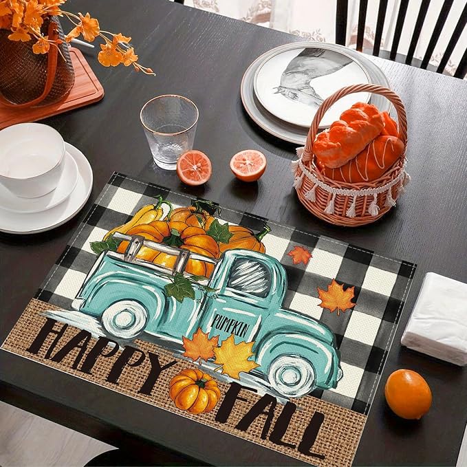 Niviy Buffalo Plaid Check Pumpkins Truck Fall Placemats Set of 6, 12x18 Inch Autumn Thanksgiving Table Mats for Holiday Party Kitchen Dining Room Decoration