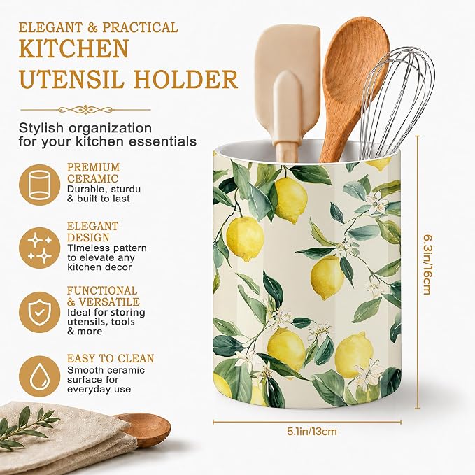Kitchen Utensil Holder,Lemon Vintage Large Ceramic Utensil Crock Organizer for Spatulas,Spoons and Cooking Tools,Kitchen,Home Decoration 6.3"