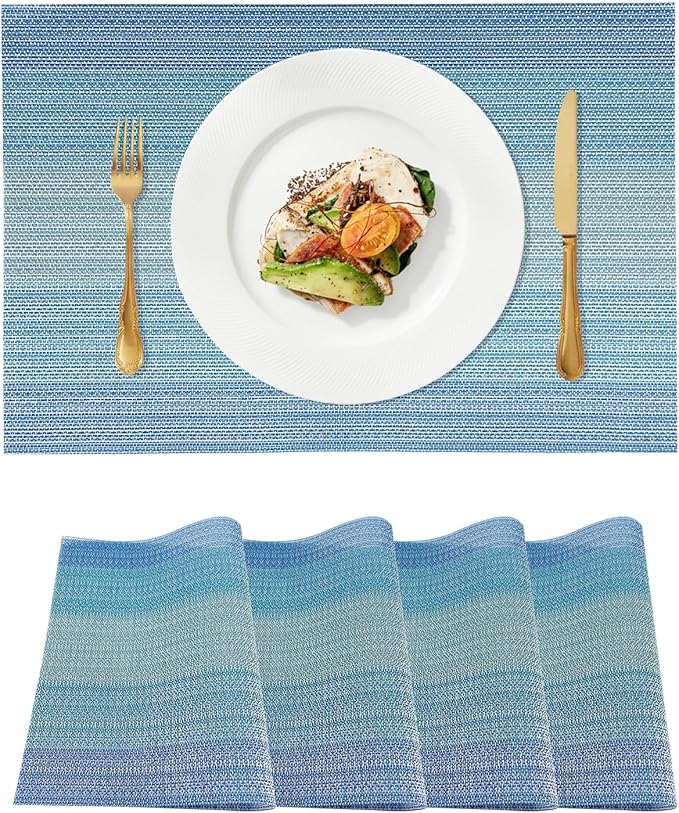 Blue Placemats Set of 4 Washable,Vinyl Woven Placemats,Durable Non-Slip Stain-Resistant Kitchen Table Mats, Indoor/Outdoor Place Mats (Blue,4)