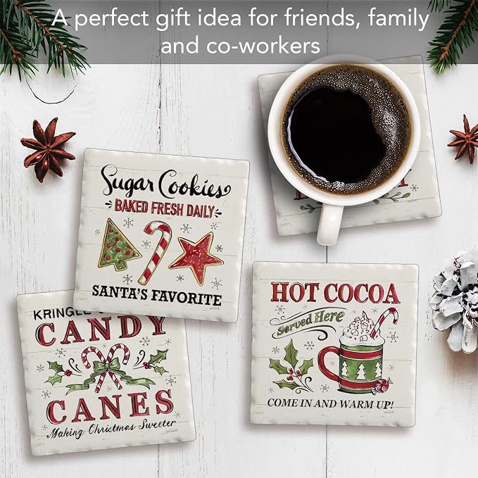 Thirstystone Holiday Treats 4 Pack Assorted Tumbled Tile Stone Coasters with Protective Cork Backing 4" Square Manufactured in the USA