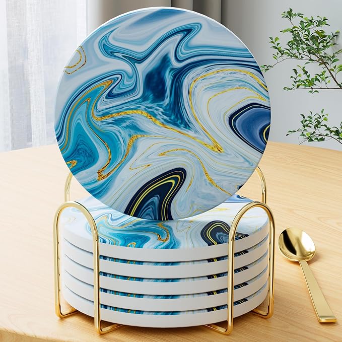 6Pcs/Set Marble Abstract Ceramic Coasters with Holder, Absorbent Drink Coasters, Coffee Cup Coaster,Round Ceramic Table Coasters Set Decorative