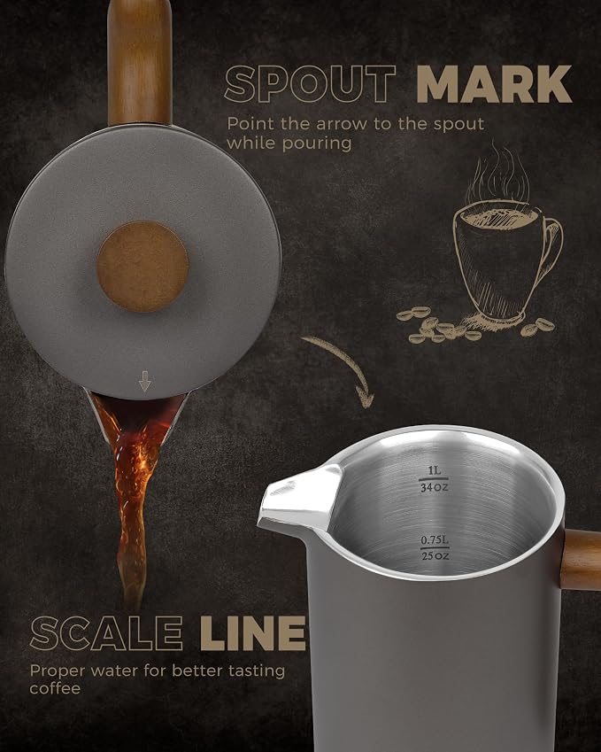 POLIVIAR French Press Coffee Maker, 34 oz | Real Wood Handle Coffee Press, Double Wall Insulation, Dual-Filter Screen, Food Grade Stainless Steel, For Coffee and Tea
