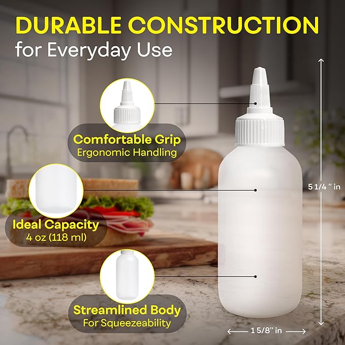 BRIGHTFROM Condiment Squeeze Bottles - 4 OZ Squirt Empty Bottles, Twist Top Cap, Leak Proof - Great for Ketchup, Mustard, Syrup, Sauces, Dressing, Oil, Arts and Crafts, BPA-FREE Plastic - Pack of 2