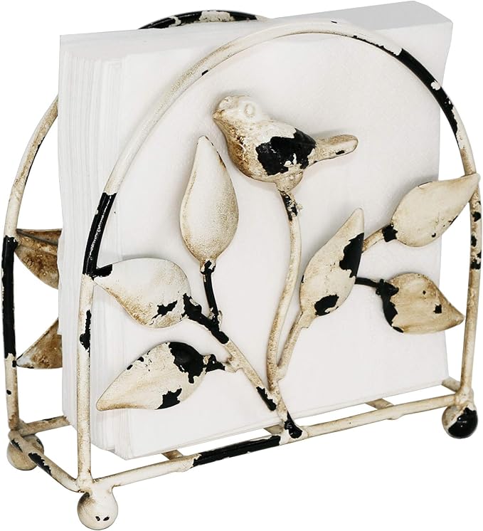 Cast Iron Bird & Tree Classic Napkin Holder/Tabletop Freestanding Tissue Dispenser, Rustic White