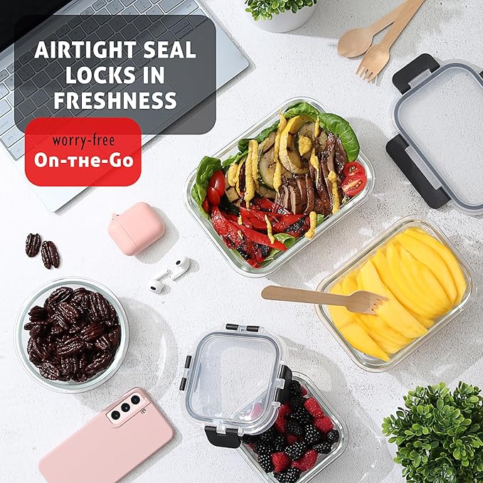 EATEX 16pc Glass Food Storage Containers with Lids, Airtight Glass Meal Prep Containers, 8 Reusable Food Containers with 8 Leakproof Snap Lock Lids, Oven Microwave Freezer Safe Lunch