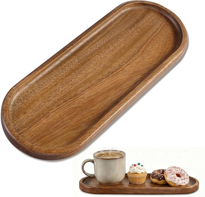 Small Wooden Tray | Acacia Wood Tray for Vanity, Bathroom Counter, Coffee Table & Toilet | Perfect for Jewelry, Remote, Perfumes & Catch All | Mini Charcuterie Board Serving Platter (Oval)