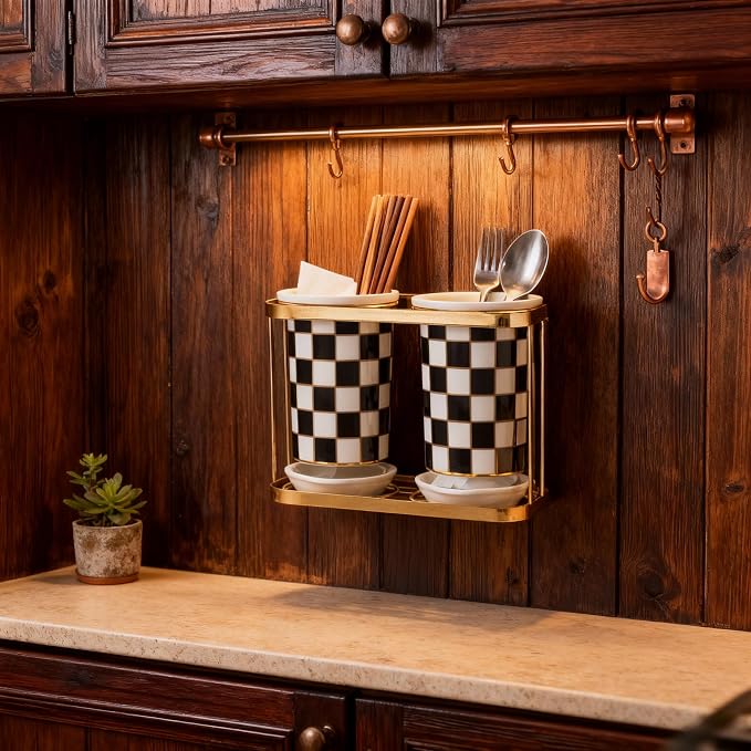 Multi-functional Ceramic Checkered Utensil Crocks, Black & White Grid Kitchen Utensil Storage, Bathroom Checkered Bathroom Toothbrush Holder, Flatware Organizer & Home Accessory (Black)