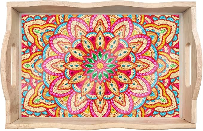 Generic DIY Diamond Serving Tray Rectangular Upgrade Increase Breakfast Tray with Handles Handmade Diamond Art Painting Wooden Tray Dinner Plate for Coffee Living Room Home Organizer-Mandala08