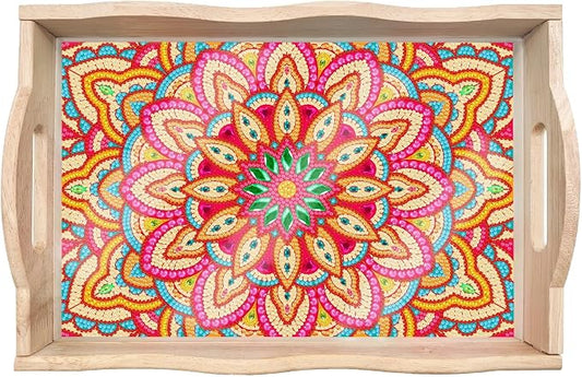 Generic DIY Diamond Serving Tray Rectangular Upgrade Increase Breakfast Tray with Handles Handmade Diamond Art Painting Wooden Tray Dinner Plate for Coffee Living Room Home Organizer-Mandala08