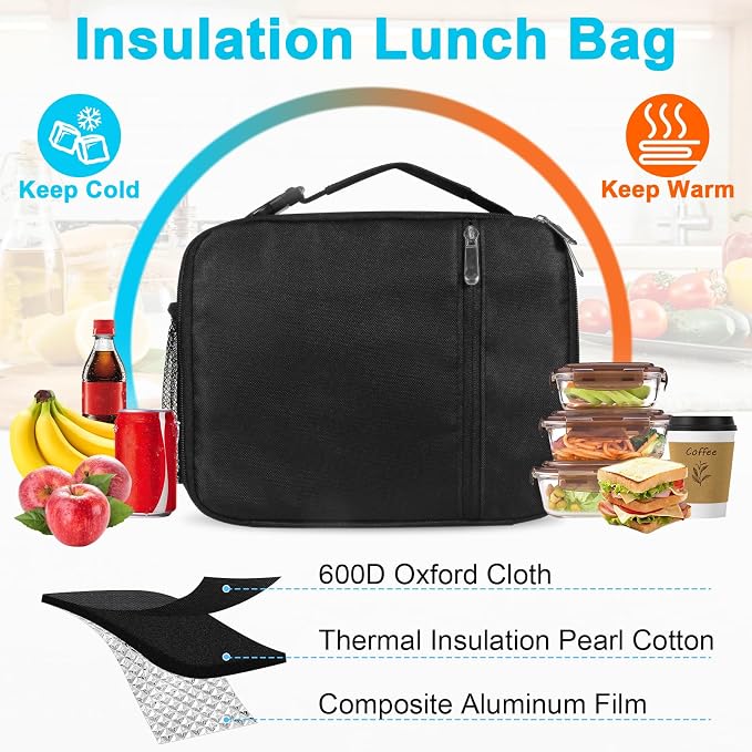 VZZNN 12 Pack Lunch Box Lunch Bags, Insulated Reusable Tote for Adults Men & Women - Leakproof Cooler Bag for Work, Office, Picnic & Travel (Black)