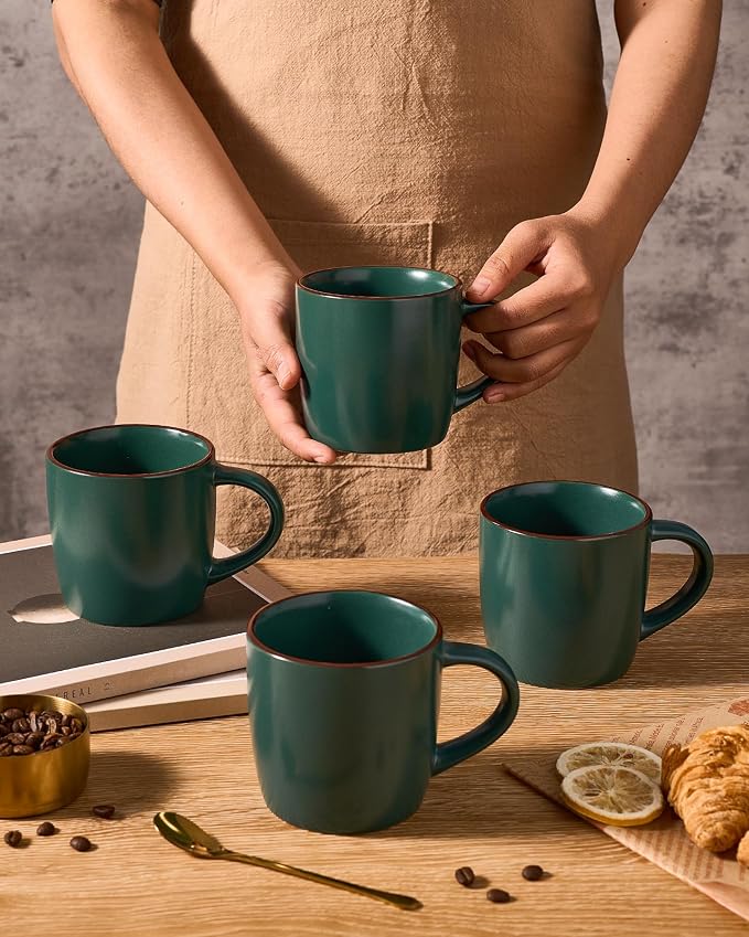 famiware Mercury Coffee Mugs 13 oz, Coffee Mugs Set of 4 with Handle, Cups for Latte, Hot Tea, Cappuccino, Mocha, Cocoa, Dark Green