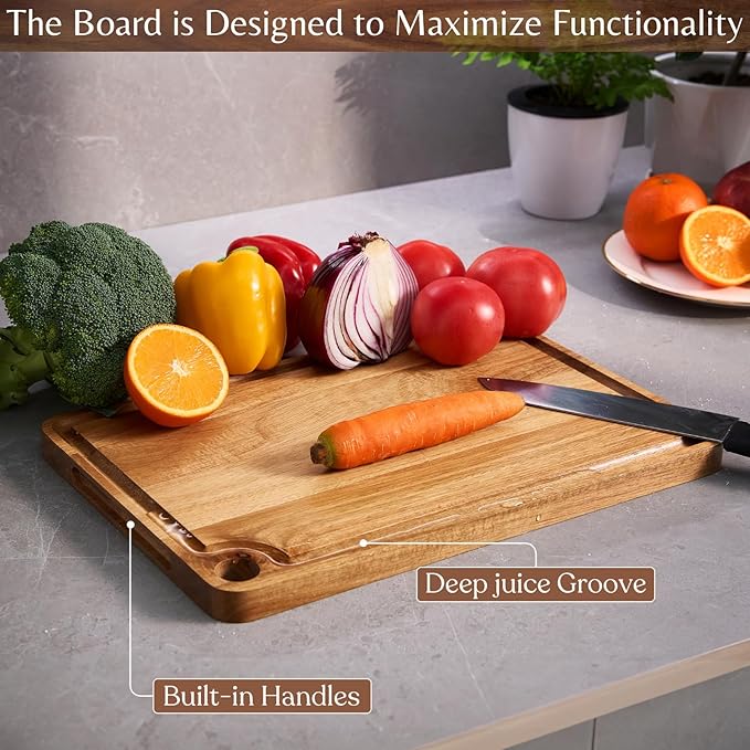 Acacia Wood Cutting Board (15x10x0.8 In.) - Solid Organic Wooden Meat Boards for Kitchen, Real Hardwood Chopping Butcher Block with Deep Juice Groove Well for Counter