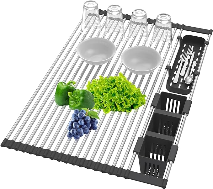 Extra Large Black Expandable Roll Up Dish Drying Rack Up to 25.1''with 2 Storage Baskets,Over The Sink Kitchen Rolling up Dishes Drainer, Foldable,Rollable