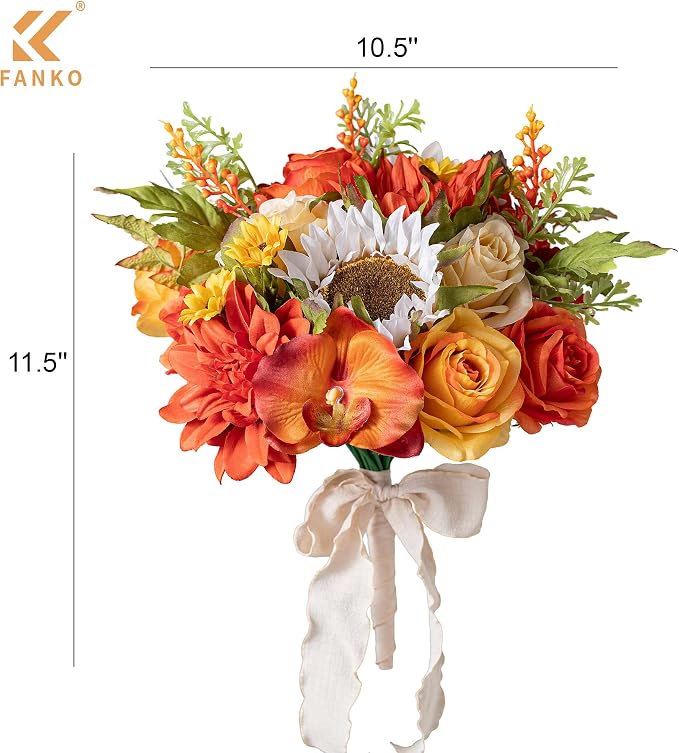 FANKO Artificial Flowers for DIY, Orange Yellow Brown Red Faux Flowers Bouquet, Fake Rose Sunflowers Dahlia Daisy Silk Flowers for Vase, Home Decor, Garland, Summer Wedding, Birthday, Party