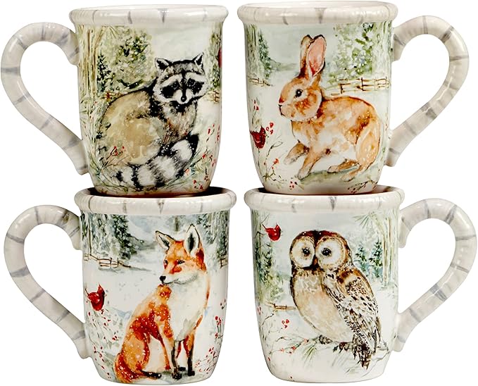 Winter’s Walk Set of 4 Ceramic Mugs – Enjoy hot cocoa, tea, or coffee in these delightful 16oz mugs adorned with foxes, owls, and raccoons, adding a touch of winter wonder to your mornings