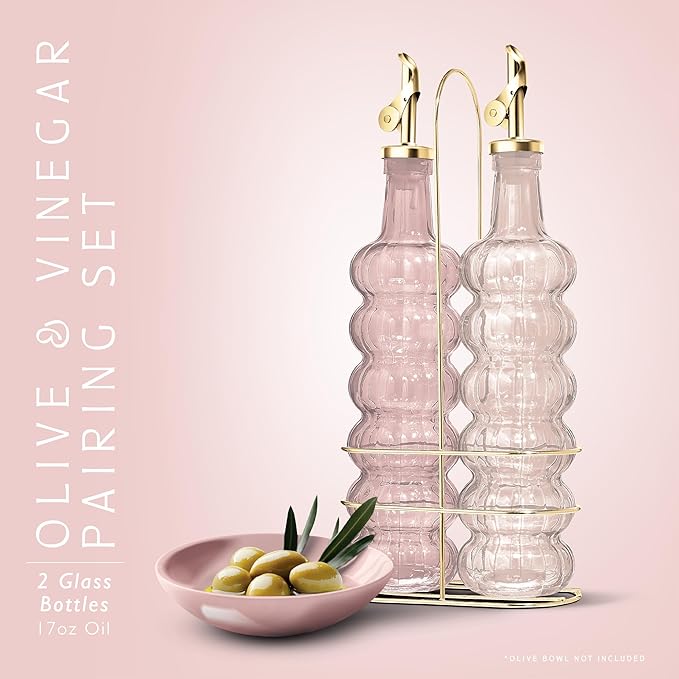 COOK WITH COLOR Glass Olive Oil Bottle Dispenser - 2 Pack- 17oz Oil and Vinegar Cruet - Olive Oil Carafe Decanter for Kitchen, Elegant Waves, Pink