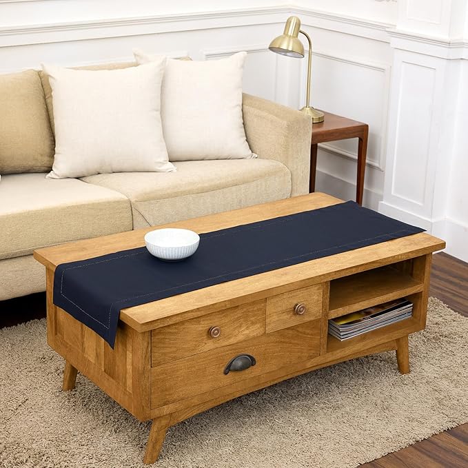 Solino Home Navy Blue Table Runner 60 Inches - Cotton Linen Hemstitch Coffee Table Runner 14 x 60 Inch Ideal for Dresser Tables - Spring, Summer, 4th of July
