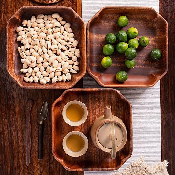 Acacia Wood Serving Tray, 7.8" Square Wooden Bowls for Snacks, Nuts, Fruits & Candy, Decorative Small Wood Catchall Tray for Keys, Jewelry, Entryway Vanity Countertop Organizer