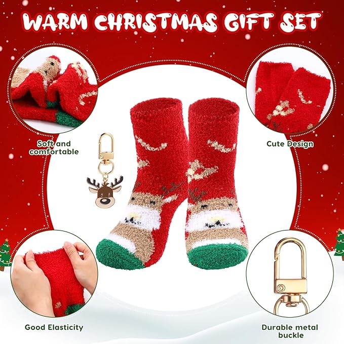 Sliner 4 Pcs Christmas Reindeer Mug Gift Set 17 oz Ceramic Reindeer Coffee Mugs with Red Spoons Cute Funny Christmas Fuzzy Socks Mini Keychains for Women Men Adults Coworker Birthday Xmas Present
