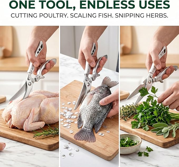 Upgrade Stainless Steel Bone-Cut Kitchen Scissors, Heavy Duty Kitchen Scissors, Professional Poultry Shears with Spring Loaded Handle for Bone, Meat, Chicken, Fish, Turkey, Vegetables (A+B)