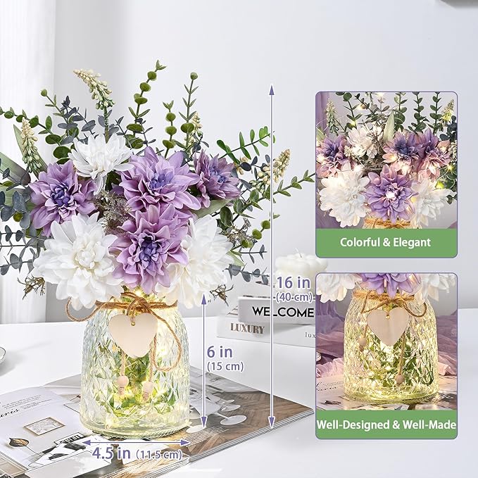 MARTINE MALL Fake Flowers in Vase with Lights, Faux Flowers in Vase, Dahlia Artificial Flowers in Vase Centerpiece Table Decorations Artificial Flower Arrangement for Home Dining Room Farmhouse