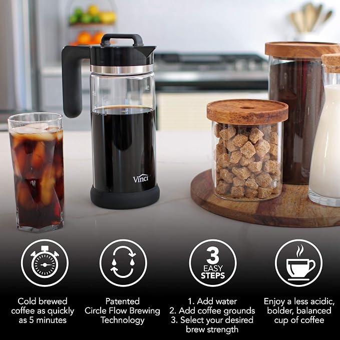 VINCI Express Cold Brew, Electric Cold Brew Coffee Maker in 10 minutes, Glass Carafe, 3 Brew Strength Settings & Cleaning Cycle, Easy to Use & Clean, Cold Brewer for Iced Coffee, 1.4 L