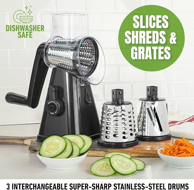 Rotary Cheese Grater with Handle, Cheese Grater Hand Crank, Fast Cutting Grater for Kitchen with 3 Interchangeable Blades, Vegetable Slicer, Cheese Shredder with Suction Cup Base, Dishwasher Safe