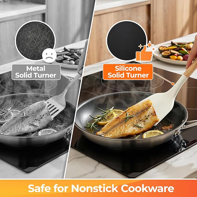 WISELIFE Kitchen Utensils Set - 33 PCS, Heat-Resistant Silicone Cooking Utensils Set with Wooden Handle, BPA-Free Kitchen Gadgets Spatula Sets with Holder for Nonstick Cookware (White)