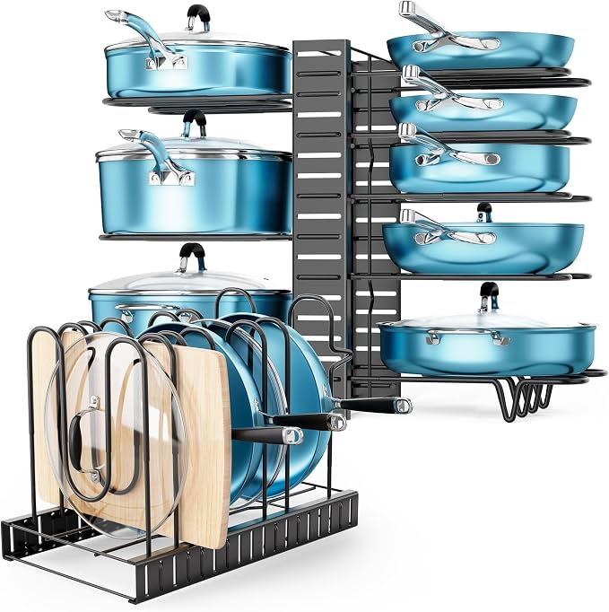ORDORA Pots and Pans Organizer for Cabinet 16.61 Height 2 Pack, 8 Tier Pot Organizers Rack with 3 DIY Methods, Adjustable Pan Organizer under Cabinet Kitchen Organization and Storage