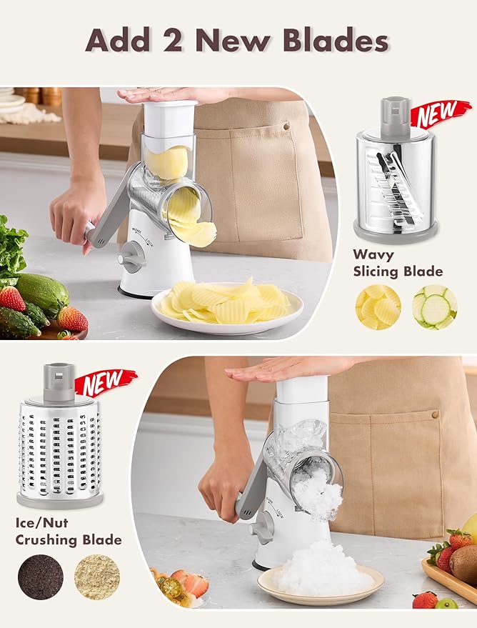 GDL Rotary Cheese Grater Hand Crank with 5 Interchangeable Blades - Upgraded Cheese Shredder Featuring Strong Suction Base for Cheese Shredding, Wavy Slicing, Nut Grinding, Ice Shaving