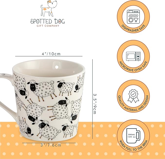SPOTTED DOG GIFT COMPANY Animal Mugs, 13 oz Coffee Mug Set of 4, Ceramic Tea Cups with Black & White Sheep Designs, Microwave & Dishwasher Safe, Sheep Gifts for Women & Men