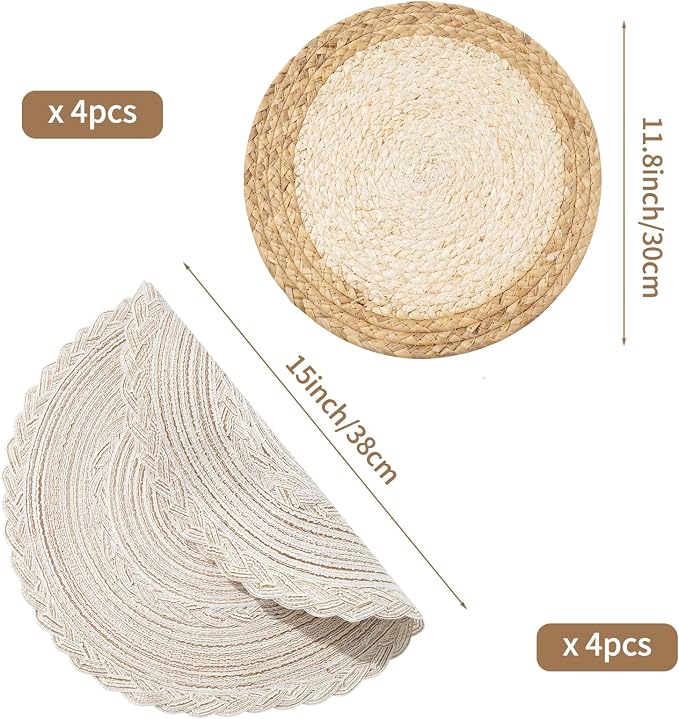 Handmade Round Boho Placemats Set of 4 | Natural Woven & Polyester Braided Combo Table Mats | 8-Piece Versatile Place Mats | Simple Rustic Farmhouse Style Dining Table Decor