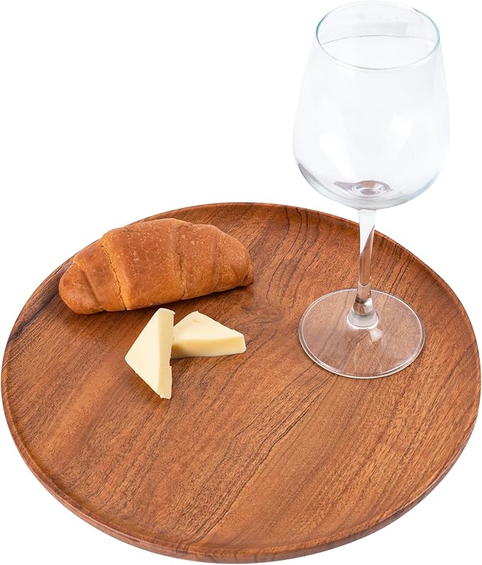 Round Acacia Wood Plate, Serving Tray, Decorative Platter, Dinner Plate,Table Top, Fruit, Food Display Natural Finish Brown.