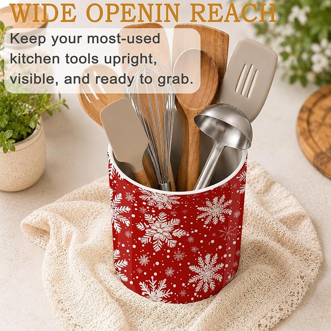 Snowflakes Kitchen Utensil Holder,Christmas Large Ceramic Utensil Crock Organizer for Spatulas,Spoons and Cooking Tools,Kitchen,Home Decoration 6.3"