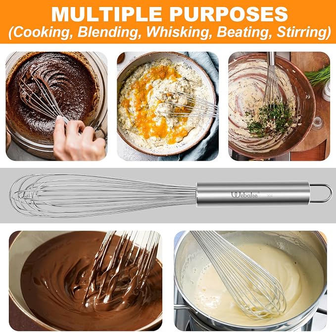 Webake 11" Stainless Steel French Whisk French Whip for Professional or Home, 304 Metal Whisk Set of 2