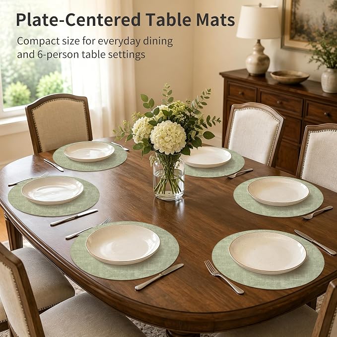 Maxpearl Round Placemats Set of 6, 13.8 inch Faux Leather Heat Resistant Table Mats, Non Slip Waterproof Wipeable Place Mats for Kitchen Dining Holiday Party Table Settings, Sage Green
