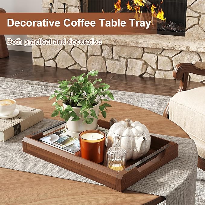 17 Inch Acacia Wood Ottoman Tray for Living Room, Wooden Serving Tray with Metal Handles, Large Serving Trays for Ottoman, Eating Food on Couch, Decorative Trays for Coffee Table, Bathroom, Home Decor