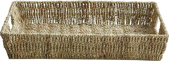 JS HANGER 16.93" Hand-Woven Rattan Serving Tray Decorative Wicker Trays with Built-in Handles for Coffee Table, Natrual Grass Storage Tray