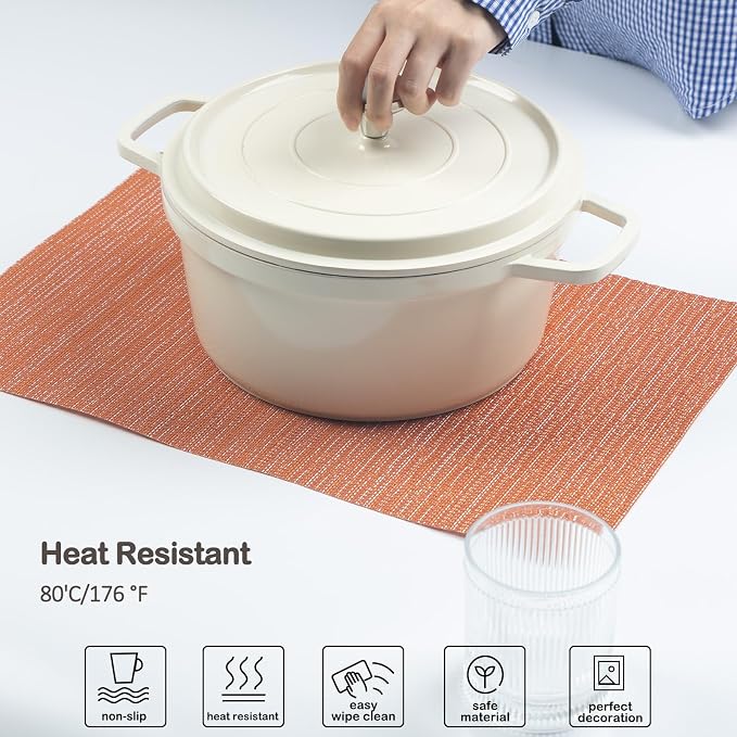 AHHFSMEI Placemats Set of 4 Washable Woven Vinyl Placemats for Dining Table Heat Resistant Non-Slip Stain Resistant Table Mats for Kitchen & Home Decor(Multi Orange,4)