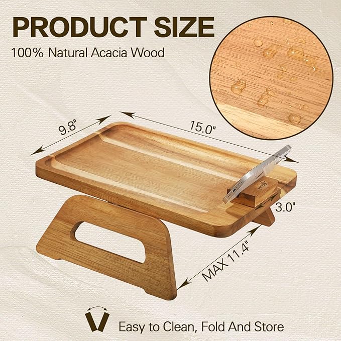 Acacia Wood Sofa Armrest Tray -Sofa Arm Tray Table Clip - Couch Arm Table for Wide Couches - Wooden Side Tables for Small Spaces for Eating and Drink