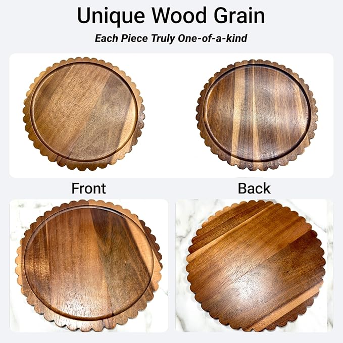 Small Wooden Decorative Tray,10 Inch Round Acacia Scalloped Tray for Coffee Table Decor,Bandeja de Madera para Decoración for Kitchen, Dining Room, Living Room and Home Decor
