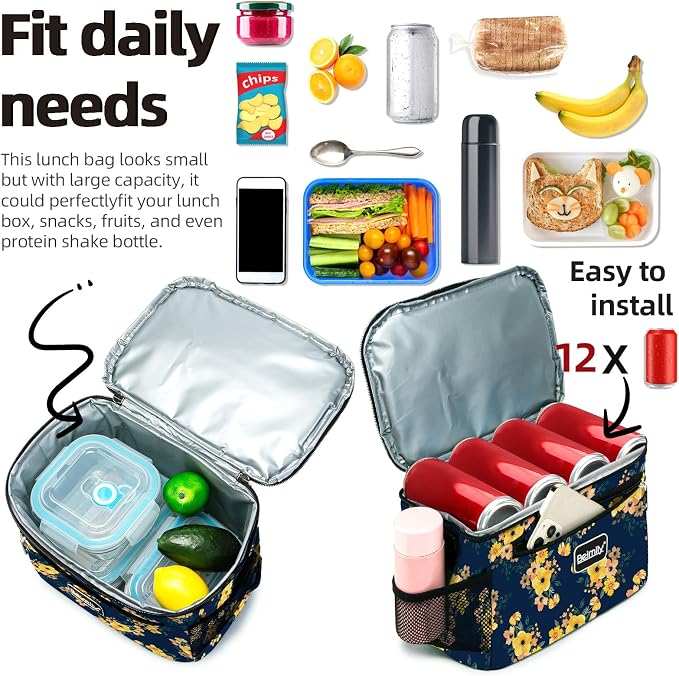 BEIMILY Lunch Box for Men/Women, Small Insulated Lunch Bag, Leak-Proof Soft Cooler Tote Bag, Reusable LunchBox for Work, Travel,Picnic with Adjustable Shoulder Strap for Adults(floral yellow)